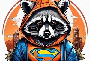 Raccoon wearing an orange Superman hoodie tattoo idea