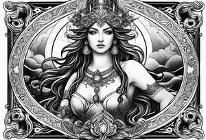 Aquarius water bearer god or goddess. Dark. With a gothic frame and mythological creatures. tattoo idea