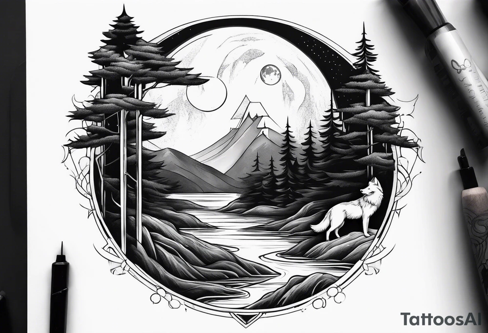 Waterfall with nature and the moon and the a wolf tattoo idea Waterfall with nature and the moon and the a wolf tattoo idea