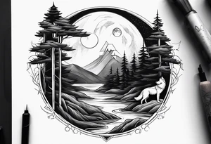 Waterfall with nature and the moon and the a wolf tattoo idea