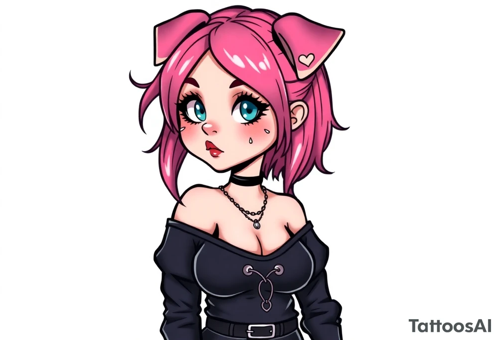 hot goth girl with puppy ears and with piercings on face and big boobs and big butt full body 
 with black outfit on with pink hair tattoo idea