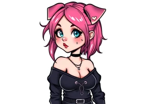 hot goth girl with puppy ears and with piercings on face and big boobs and big butt full body 
 with black outfit on with pink hair tattoo idea