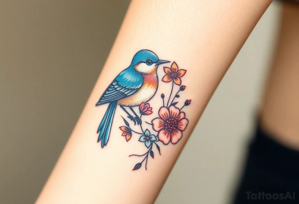 Bluebird with wild flowers tattoo idea