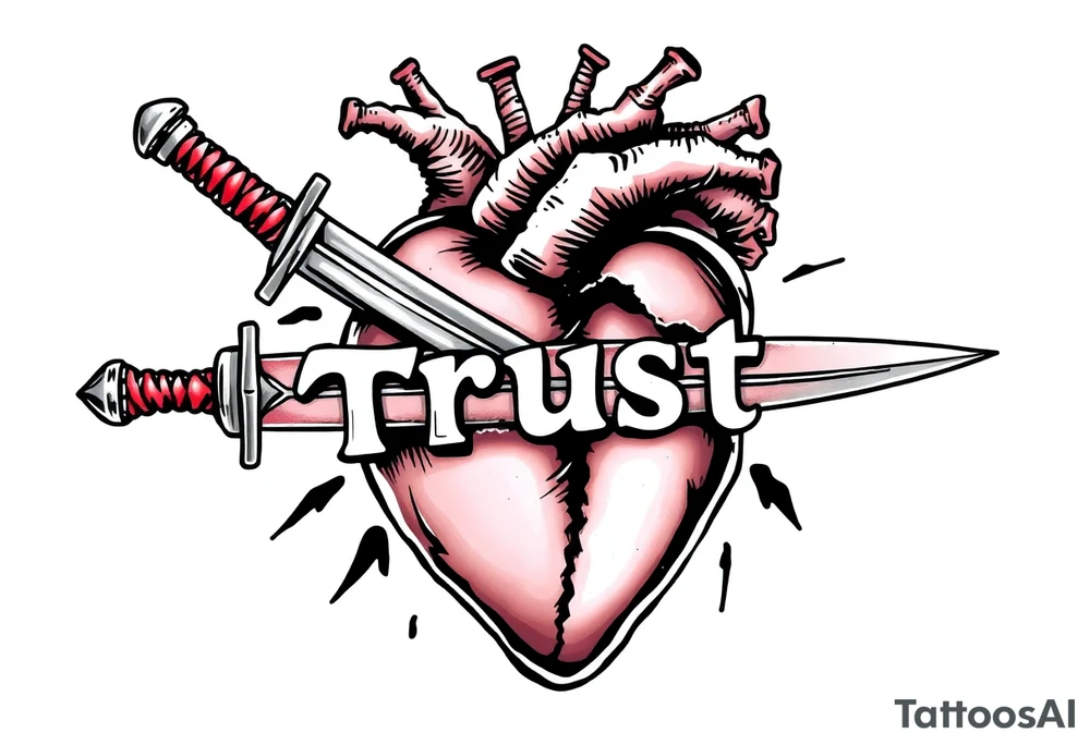 Anatomical heart torn and ripped being held together with the word trust as a elegant sword. tattoo idea