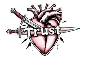 Anatomical heart torn and ripped being held together with the word trust as a elegant sword. tattoo idea