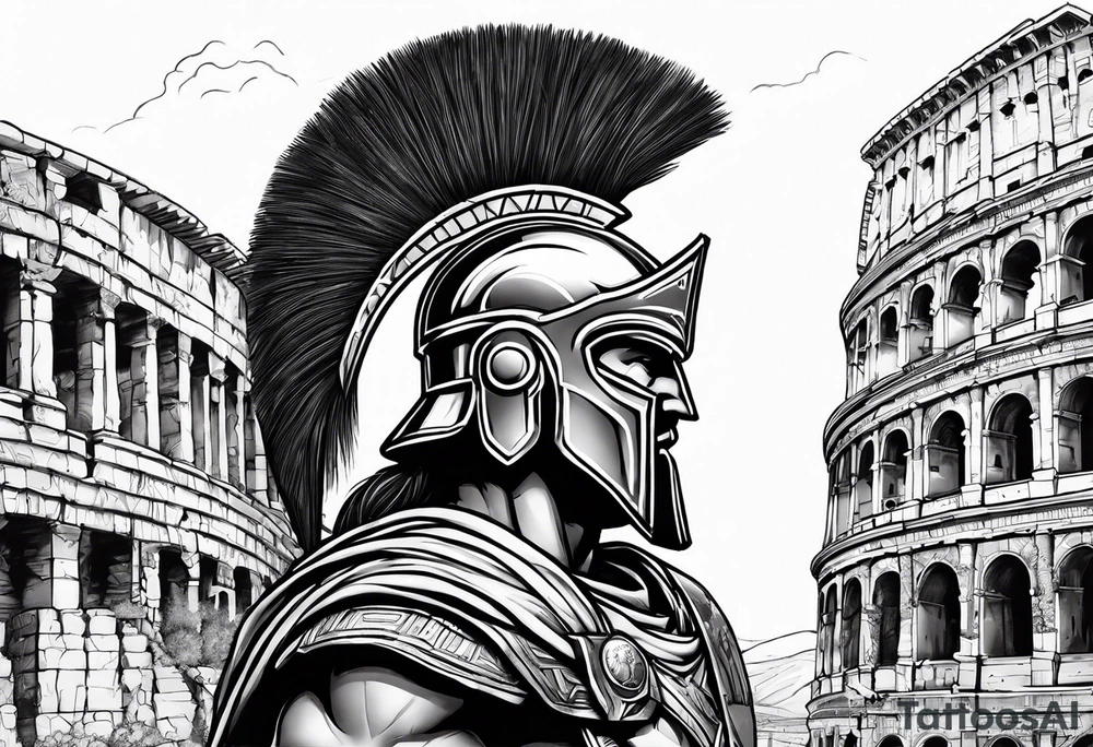 Side profile of spartan soilder with Roman buildings wrap tattoo idea