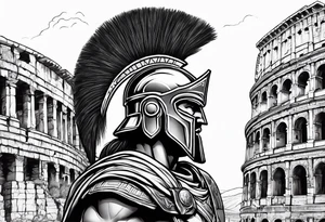 Side profile of spartan soilder with Roman buildings wrap tattoo idea