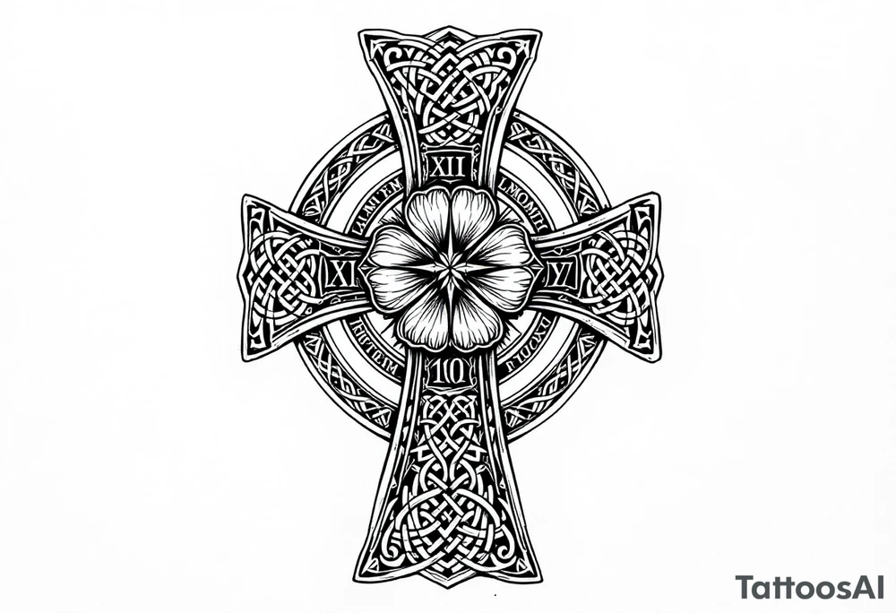 an irish inspired celtic cross with a four leaf clover in the middle surrounded by celtic knots and roman numerals with complex patterns outside of the cross tattoo idea