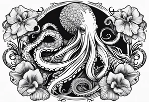 Half sleeve with octopus on shoulder and humpback whale on arm with Hawaiian flowers tattoo idea