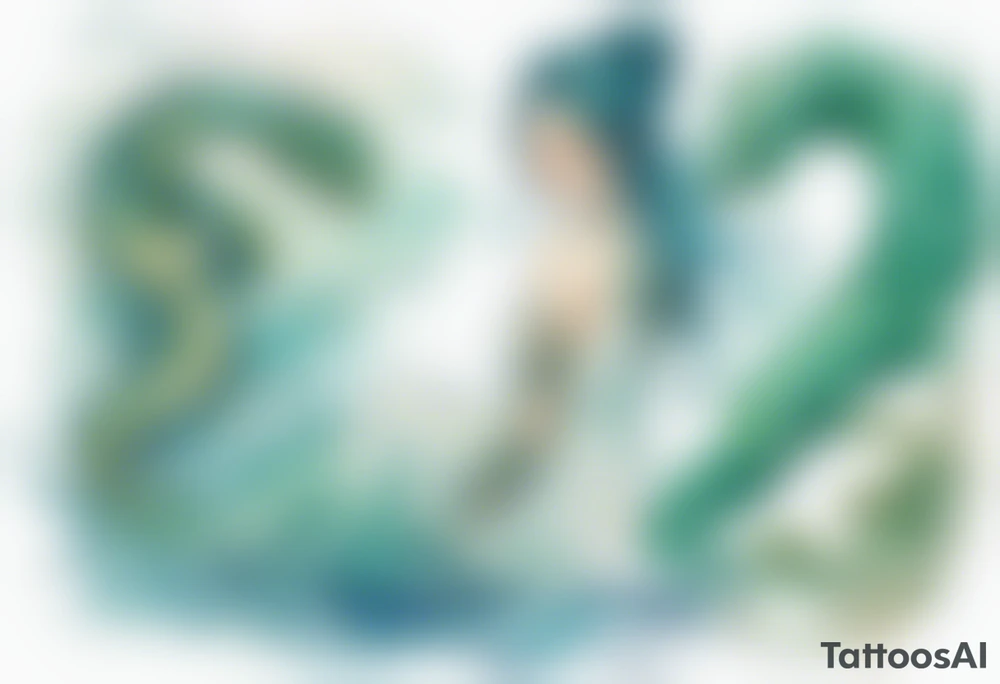 a blue-green naiad in a white tunic next to a sea serpent tattoo idea