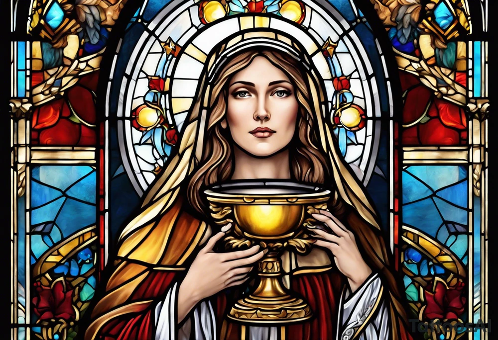 holy saint woman with halo stained glass holding a chalice with artillery tattoo idea