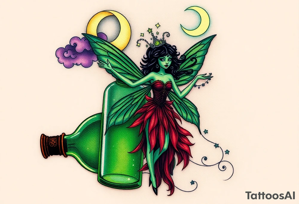 Tim Burton’s kelly doty pin up style Vintage Parisian elegant and hauntingly beautiful yet eerie full body absinthe Green Fairy dances outside her victorian crystal decatur she was once inside this elaborate ornate bottle absinthe bottle Absinthe Art Nouveau   and dripping with muted reds, dusty pinks, and eerie green glow.purple and cyan smokey clouds swirl in the crescent moonlit sky thats sprinkled with stars tattoo idea