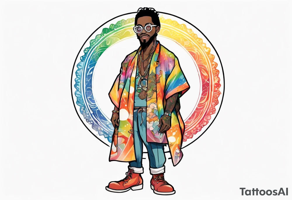 a handsome black man wearing round glasses and a rainbow tunic and scaled boots tattoo idea