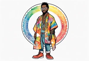 a handsome black man wearing round glasses and a rainbow tunic and scaled boots tattoo idea