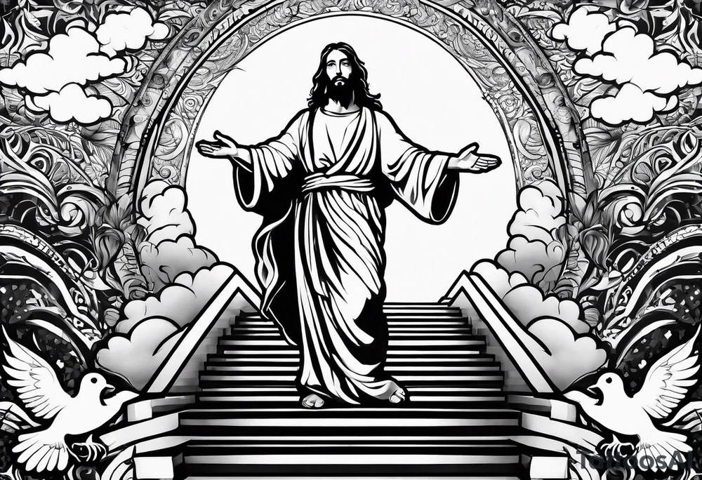 Jesus standing on a flight of stairs with clouds, sunshine and a dove in the background on the upper arm tattoo idea