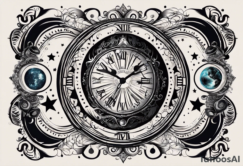 Mix an hourglass with a nautical clock with the addition of planets, galaxies to give a design to print on a t-shirt, the design should be in one color in the form of a tattoo and all the shapes should be mixed to give one shape tattoo for all arms. tattoo idea