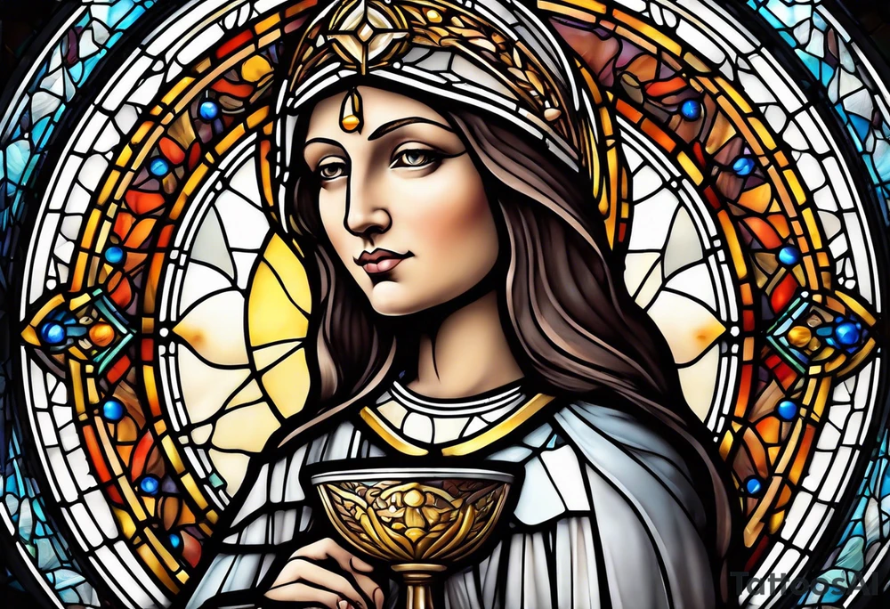 holy saint woman with halo stained glass holding a chalice tattoo idea