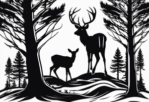 tall pine trees, turkey foot tracks, one deer antler tattoo idea