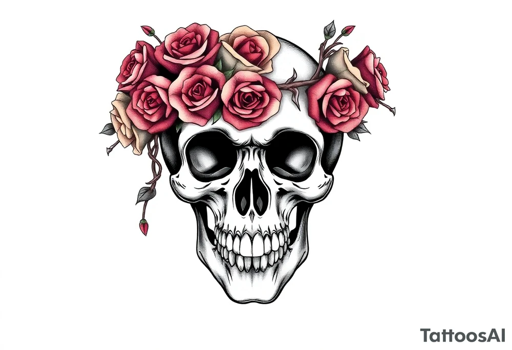 ornate skull adorned with crown of wild roses and thorns tattoo idea