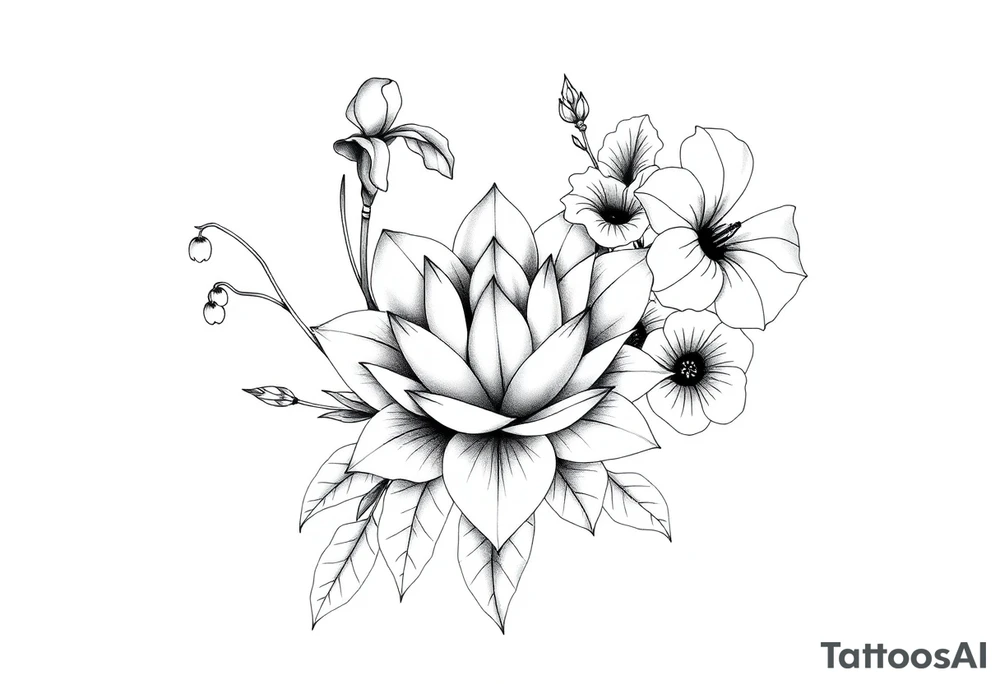 Geometric lotus surrounded by Lilly of the valley on left side iris above and morning glory flowers to the right. tattoo idea