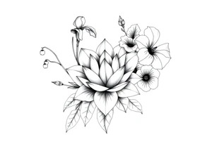 Geometric lotus surrounded by Lilly of the valley on left side iris above and morning glory flowers to the right. tattoo idea