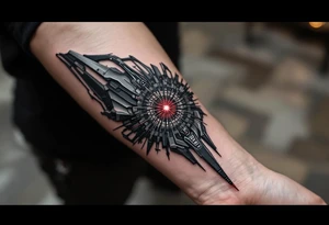 A shadowy mech-arm inked in matte black with accents of silver and a central pulsar in deep red. tattoo idea