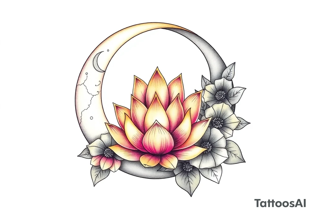 crescent floral moon with lotus flower glowing tattoo idea