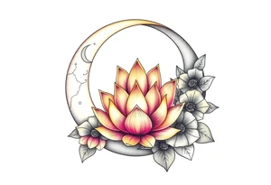 crescent floral moon with lotus flower glowing tattoo idea