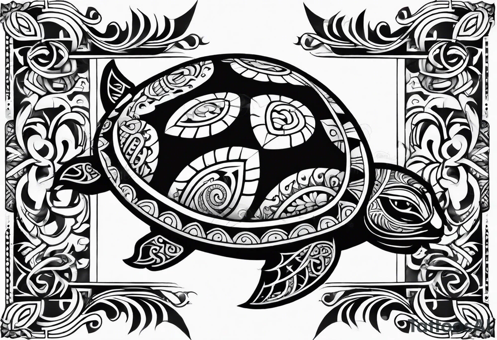 Full Polynesian tribal sleeve with turtle on top tattoo idea