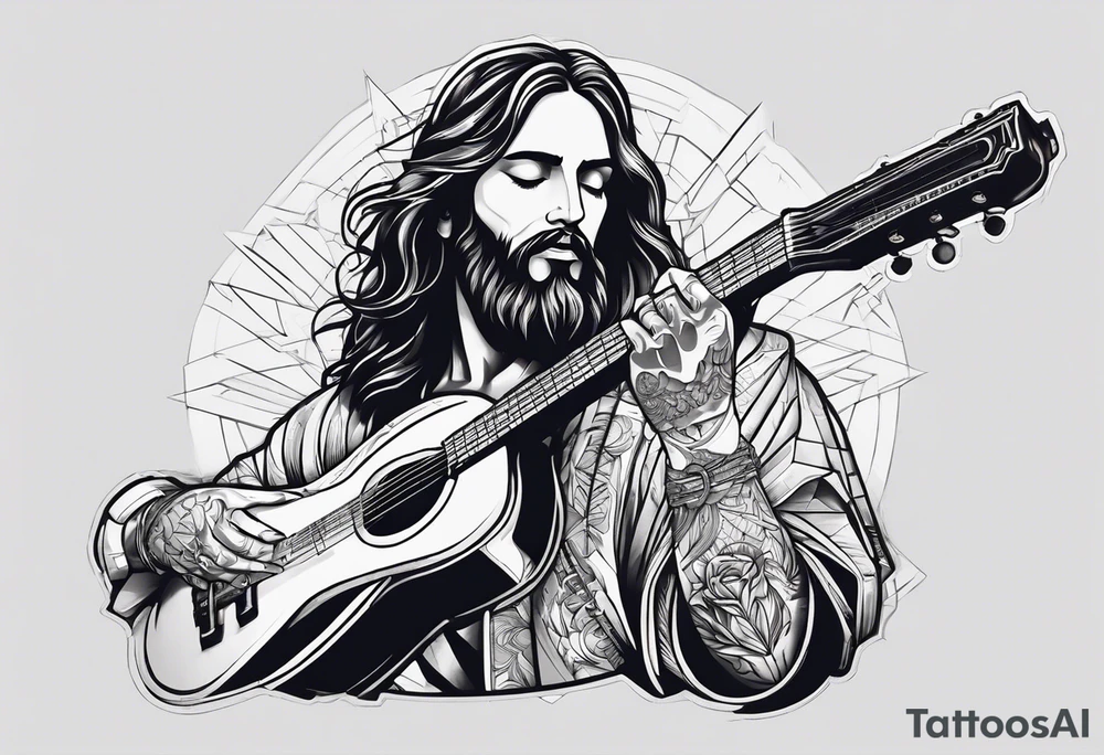 create a Jesus holding a guitar in one hand and a machine gun in the other tattoo idea