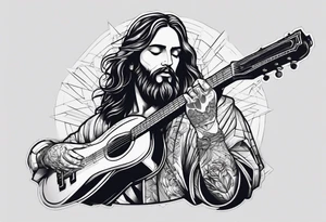 create a Jesus holding a guitar in one hand and a machine gun in the other tattoo idea