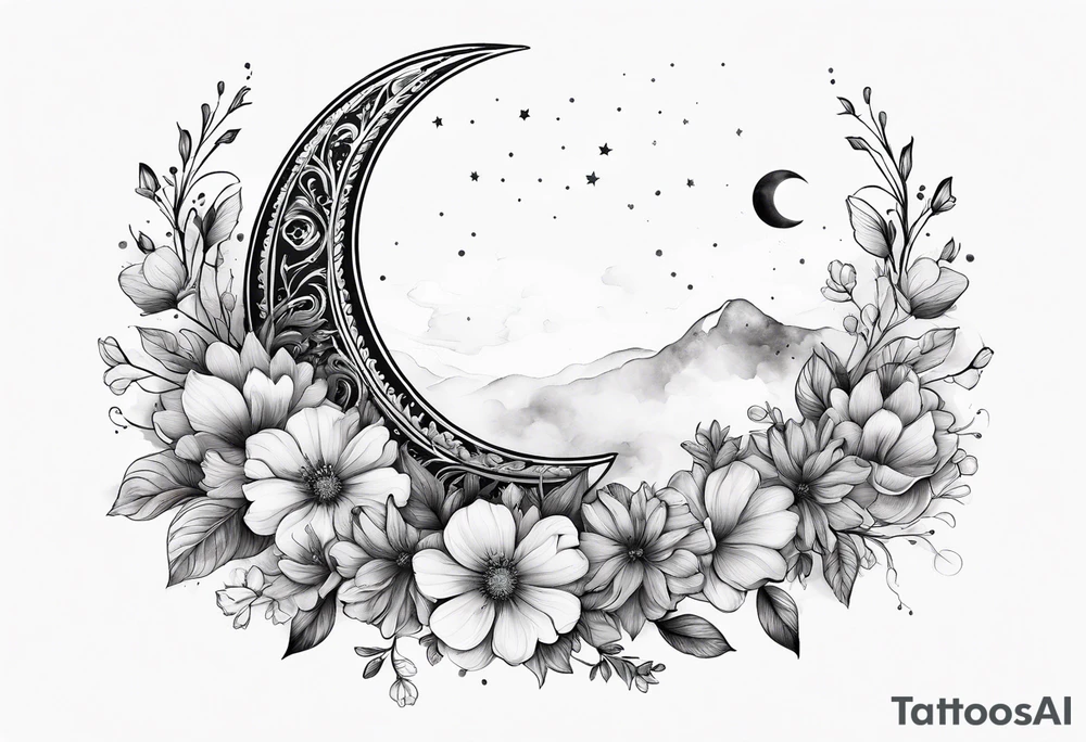 Crescent moon shrouded by beautiful flowers with wisps of mist tattoo idea