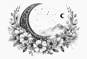 Crescent moon shrouded by beautiful flowers with wisps of mist tattoo idea