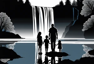 Silhouette of father standing in between daughter and younger son in front of water with reflection and waterfall with the waterfall only being blue. Everything else black and white tattoo idea