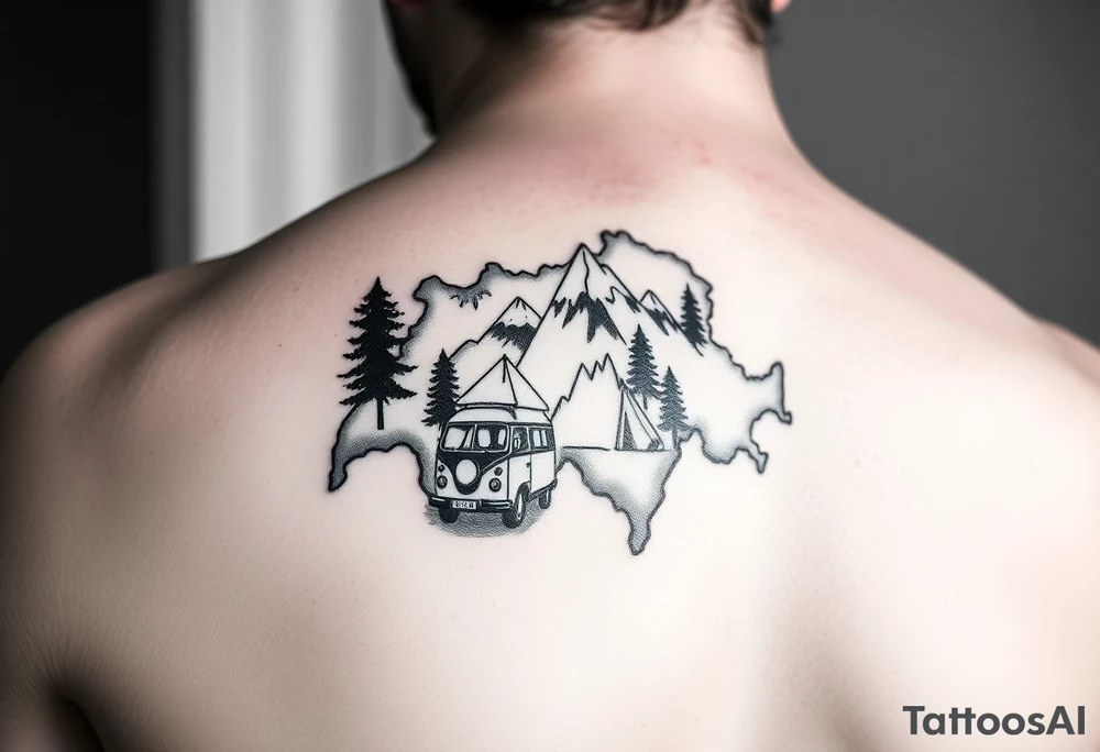 Simplistic, black and white tattoo, the whole tattoo must be completely inside the contour of the Switzerland map. A little camping tent on a side, a VW Caddy on the side, a little fire, in the woods, surrounded by alps and a couple pine trees. Arm tattoo tattoo idea
