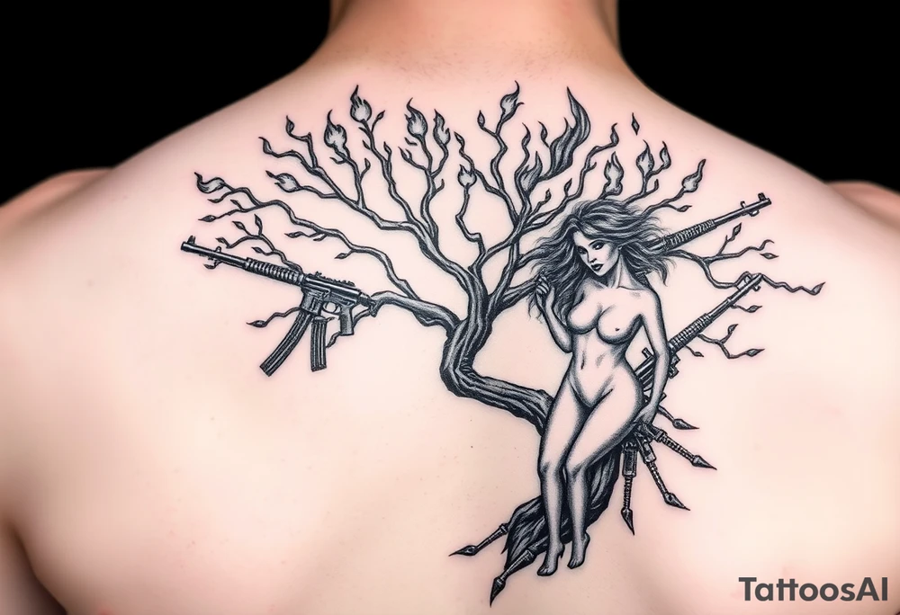 burning tree of life with firearms scattered and nude woman tattoo idea