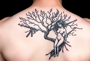 burning tree of life with firearms scattered and nude woman tattoo idea