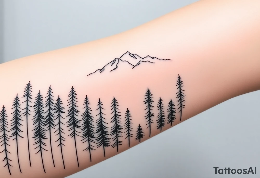 A minimalist tattoo of a forest with tall, slender trees leading toward a mountain range in the distance. The forest is dense at the bottom, filled with intricate fine lines, while the mountains gradually become more defined and detailed as they rise above the trees, representing the path out of struggle and into a clearer future. The tattoo could symbolize both the emotional journey of Exile and the hope and resolution in Out of the Woods tattoo idea