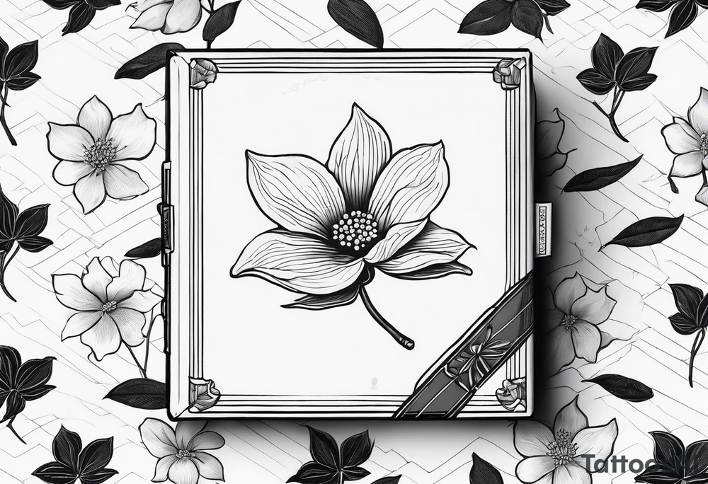 A simple vintage cigar box with a dogwood flower next to it tattoo idea