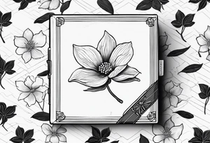A simple vintage cigar box with a dogwood flower next to it tattoo idea