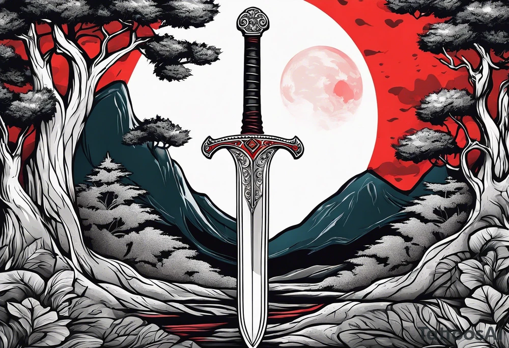 Sword with red moon behind it in the woods tattoo idea
