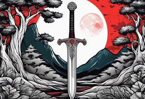 Sword with red moon behind it in the woods tattoo idea