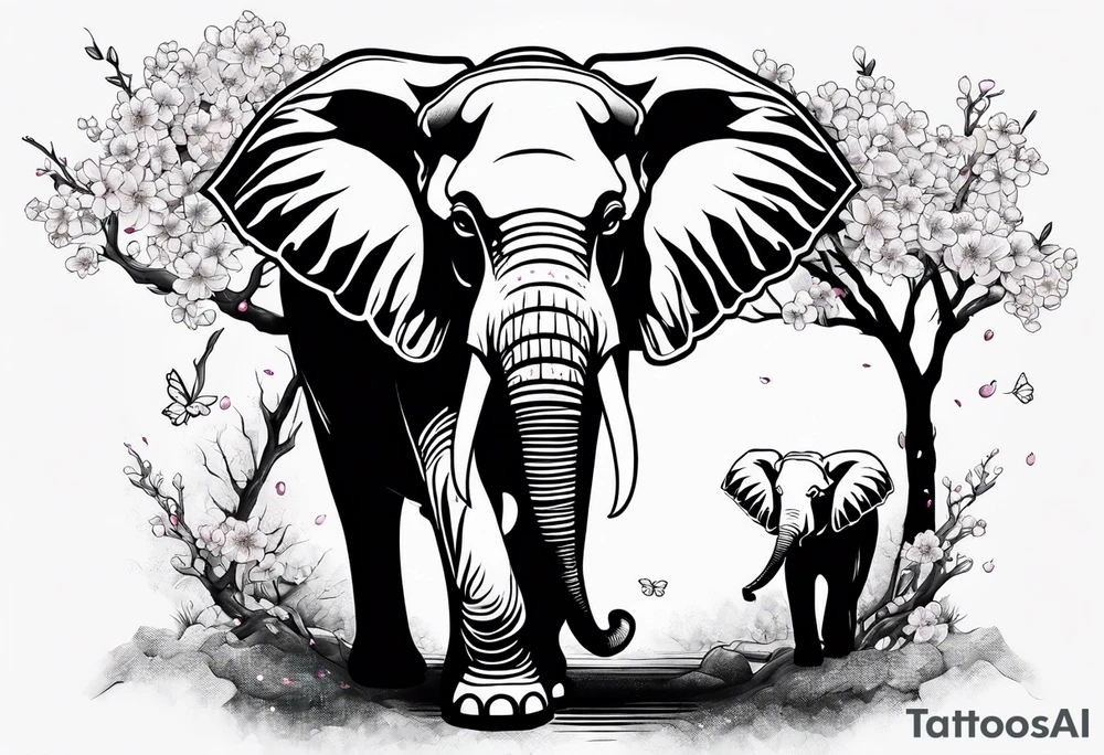Elephant with cherry blossom tree tattoo idea