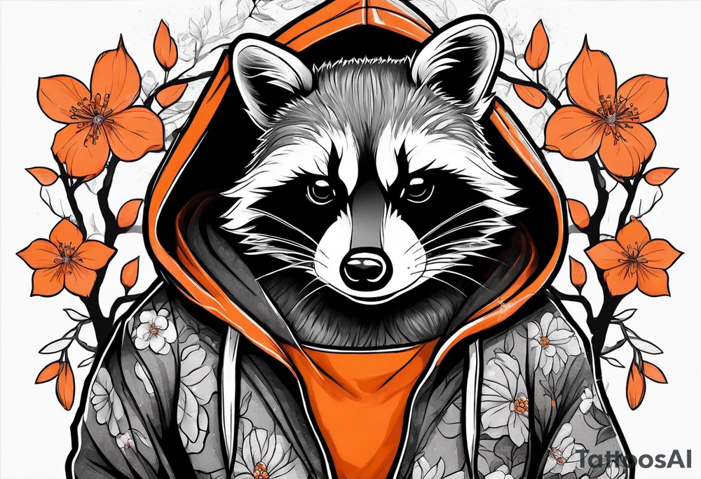 Raccoon wearing a white Superman logo on a black hoodie and orange Japanese cherry blossoms tattoo idea