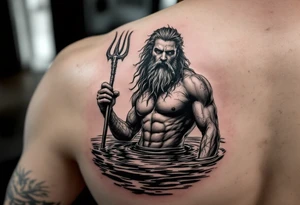 poseidon in calm water, holding a trident, holding a beer, with bare feet tattoo idea