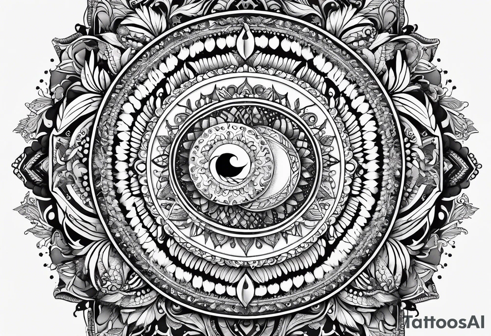 Mandala feather, incorporates music, birds, yin and yang, and water tattoo idea