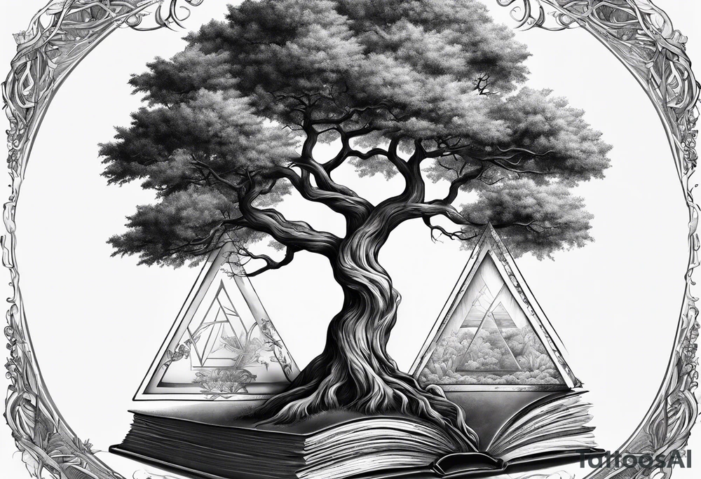 tree growing from book with branches containing triangle portals to another worlds tattoo idea tree growing from book with branches containing triangle portals to another worlds tattoo idea