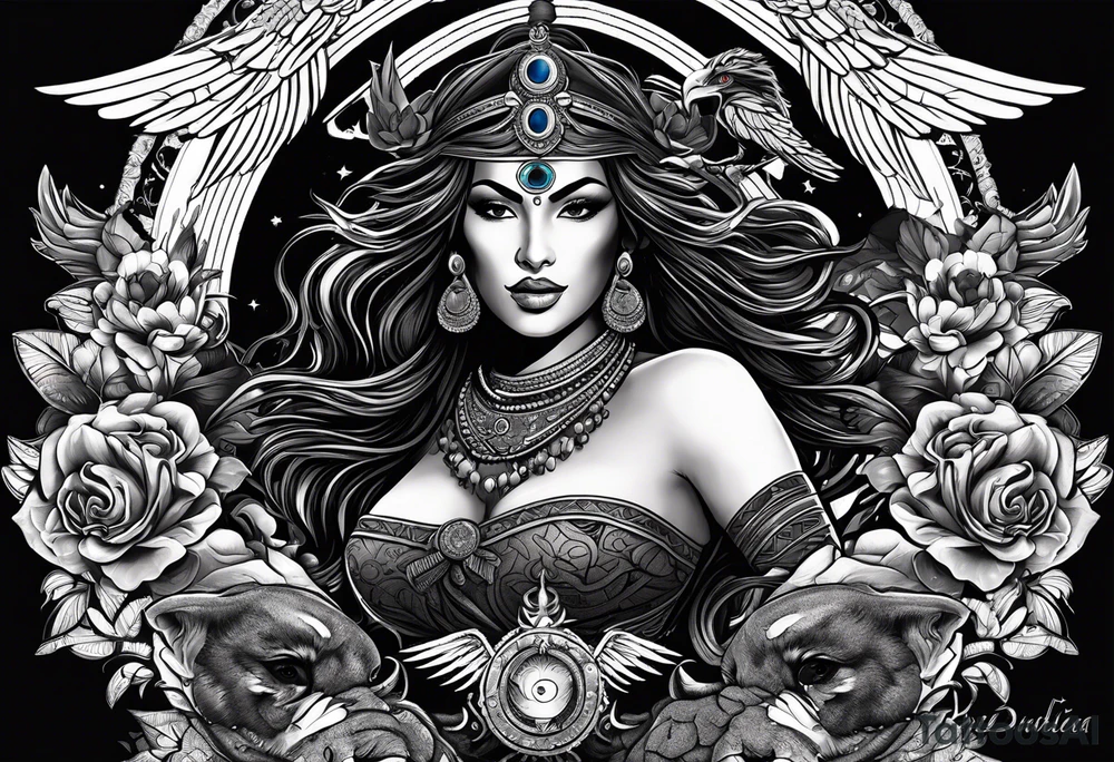 black kali, goddess pirate, alien, angel, pachamama, valkrye, warrior, flying, skull, lotus azul, wing, eagle, zenza resonance, stars, 5D, anahata chakra, death, durga, riding on a tiger, flying lady, kundalini, chest tatoo, rebel tattoo idea