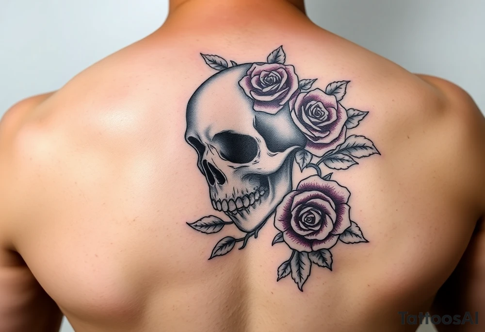 Feminine skull with purple roses tattoo idea