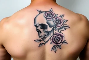Feminine skull with purple roses tattoo idea